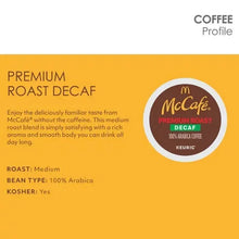 Premium roast decaf coffee pods label card with roast and Arabica details