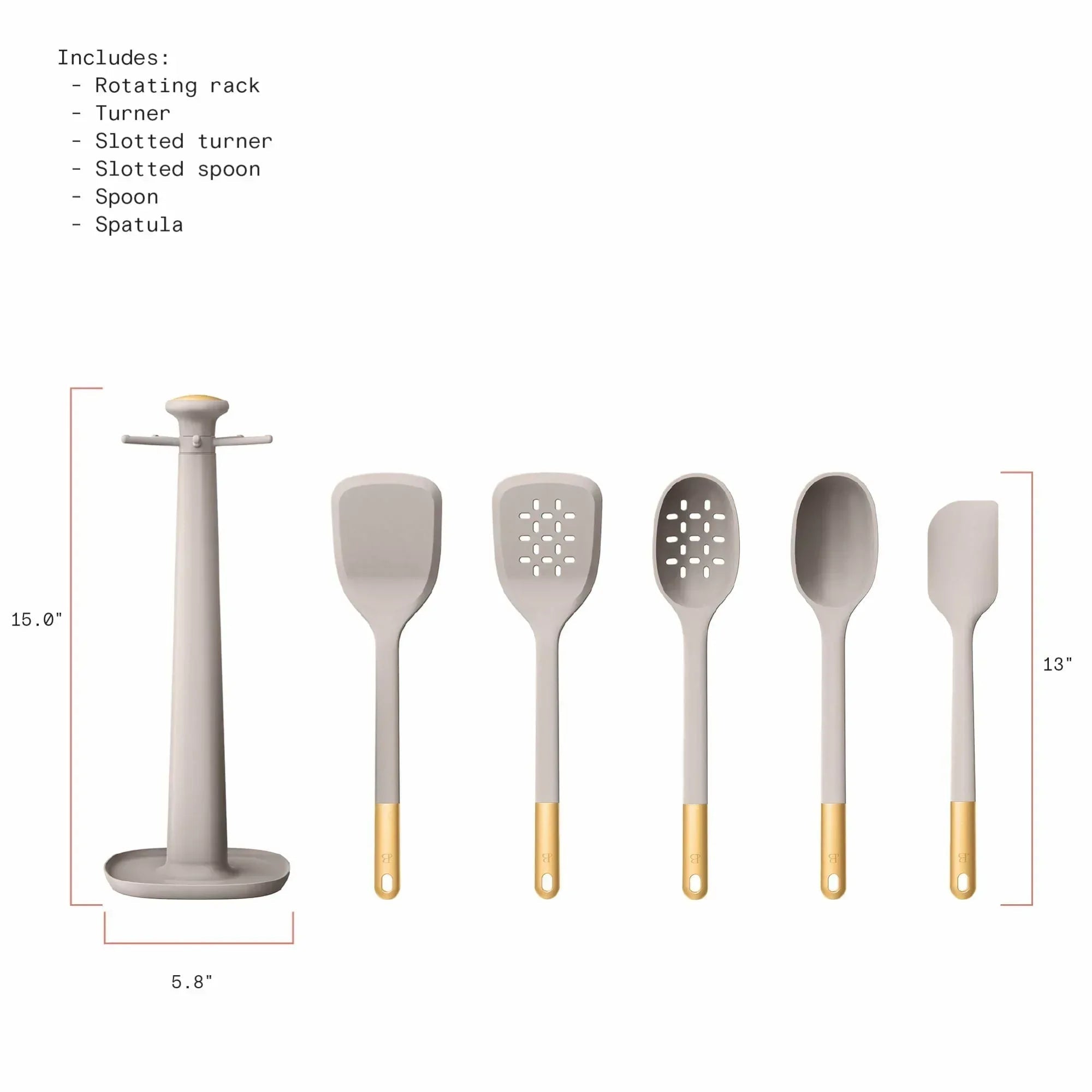 Beautiful 6-Piece Silicone Kitchen Utensil Tool Set with Rotating Rack, Black Sesame by Drew Barrymore