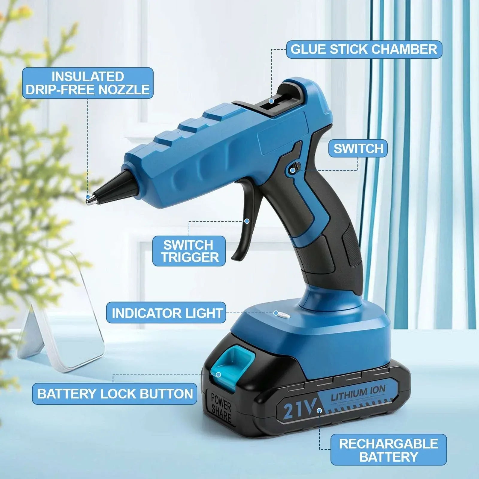 Cordless Hot Glue Gun with 2.0Ah Battery Charger and 30pcs Full Size Glue Sticks 100W Power Melt Glue Gun for DIY Festival Decor and Gifts, Blue - USA MEGA SHOP