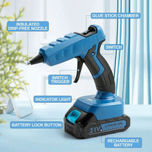 Blue cordless hot glue gun on base with black trigger grip and nozzle
