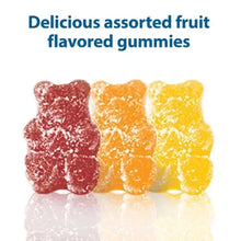 Assorted fruit-flavored gummy bears in red, orange, and yellow