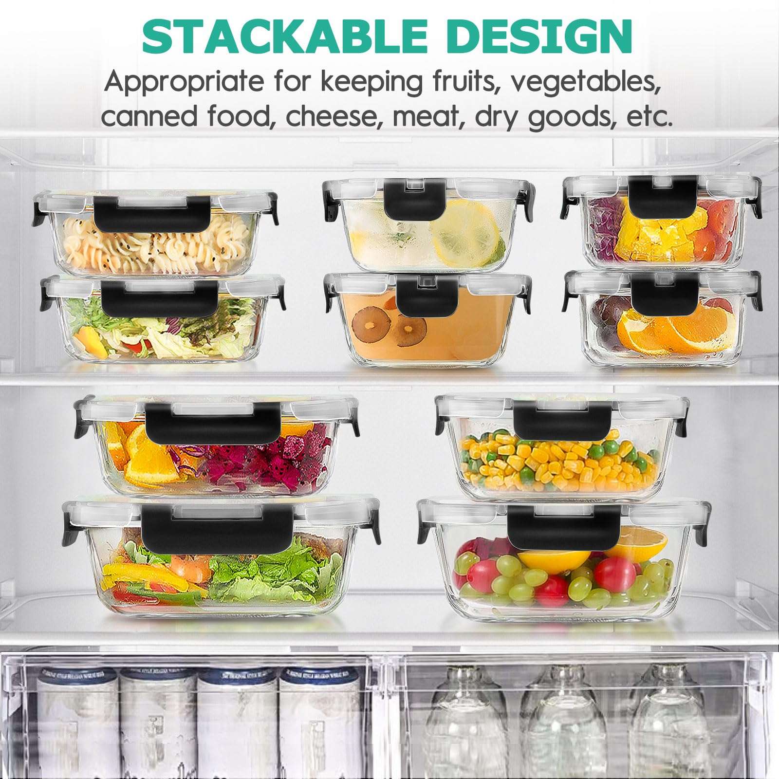 34pcs Glass Food Storage Containers with Lids Set, Airtight Meal Prep Containers (17 Containers & 17 Lids), Black