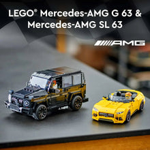 Two LEGO model cars on a display: black SUV and yellow convertible