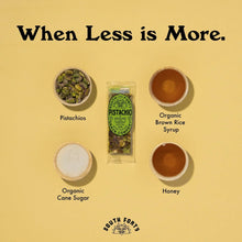 Pistachio nut bar ingredients shown: pistachios, cane sugar, honey, syrup