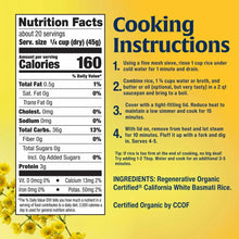 Basmati rice Nutrition Facts and cooking instructions on package label