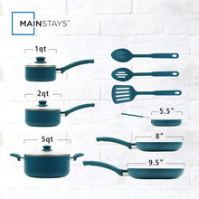 Blue ceramic nonstick cookware set with cream lids and matching utensils, shown with sizes
