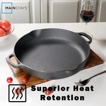 Black cast iron frying pan with two loop handles on a wooden trivet