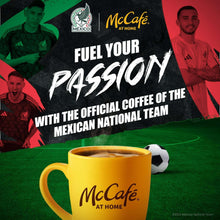 McCafe at home promotional poster with yellow mug and sports team graphics