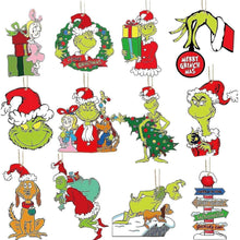 Assorted Grinch-themed hanging Christmas ornaments, character cutouts on white