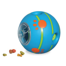 Blue treat-dispensing wobble dog ball with paw-print graphics and clear dispenser