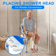 Shower chair with back and blue seat, designed for use near shower walls