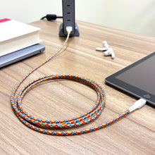 onn braided Lightning to USB cable, rainbow multicolor braid with Lightning connector