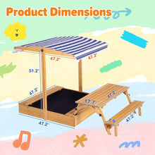 Wooden sandbox with adjustable roof and bench seating, viewed at angle with cover