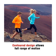 Black adjustable knee support on a leg, contoured brace design for motion