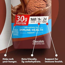 Premier Protein chocolate shake carton close-up showing 30g protein and immune health