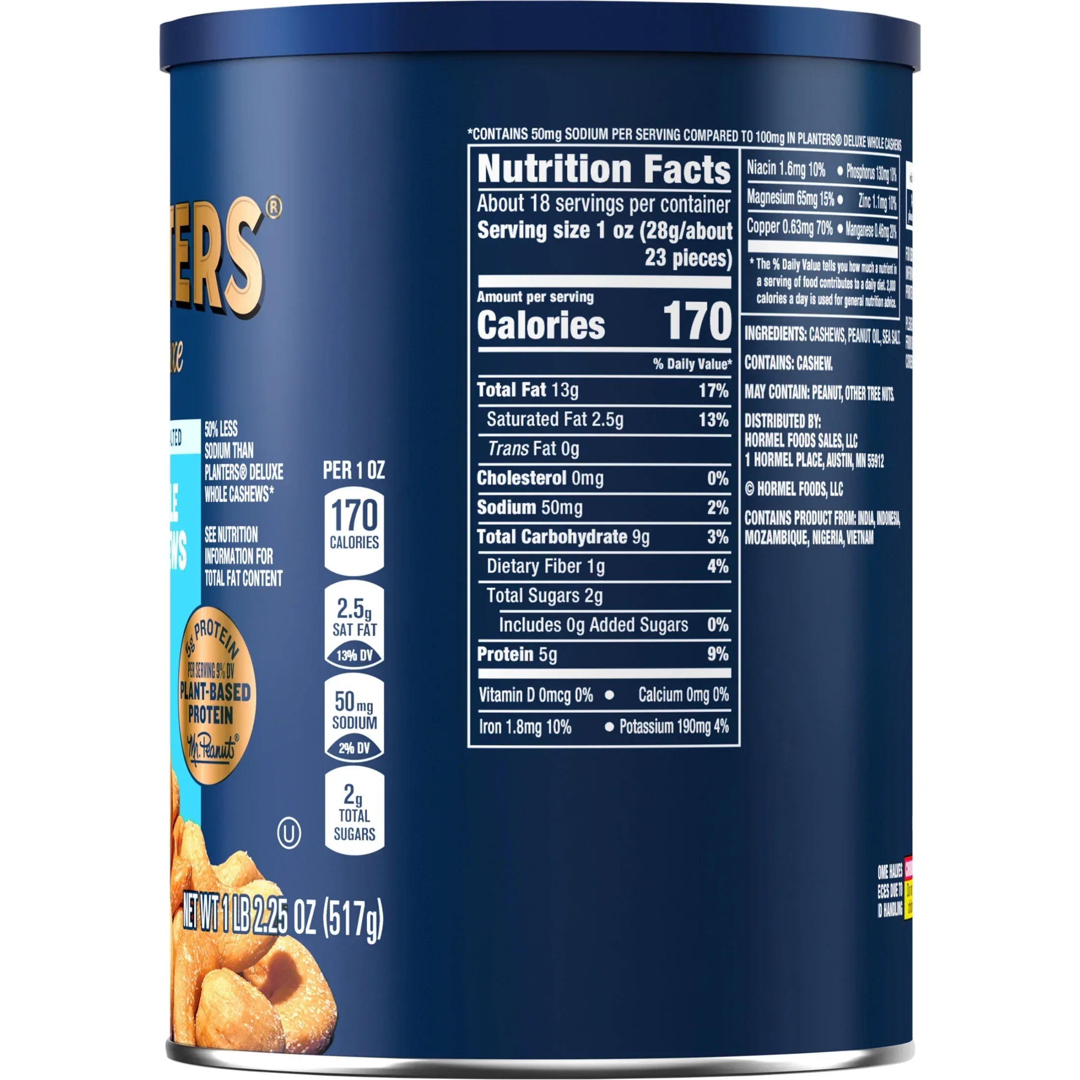 PLANTERS Deluxe Lightly Salted Whole Cashews, Party Snacks, Plant Based Protein, 18.25 oz Steel Can (1 Canister)