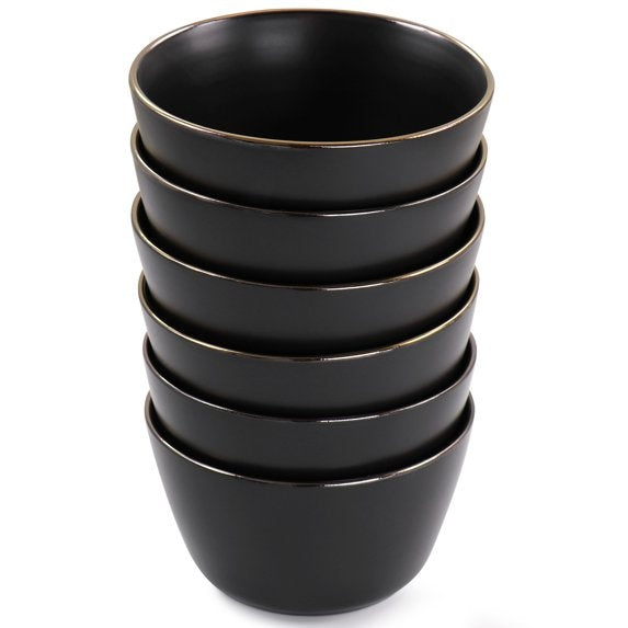 Elama Paul 6 Piece Stoneware Bowl Set in Matt Black with Gold Rim