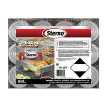 Sterno canned heat gel chafing fuel 24-pack box with labels and warning panel
