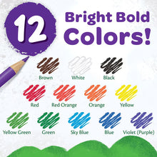 Crayola 12-color swatch chart with labeled pencil colors and tips