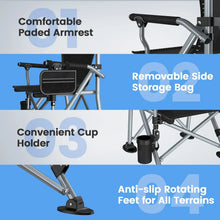 Black folding camping chair with padded armrests, removable side storage bag, and cup holder.