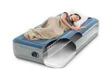 Blue twin airbed mattress with built-in pump and visible beam structure