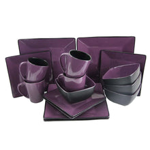 Purple stoneware dinnerware set with square plates, bowls, and stacking mugs
