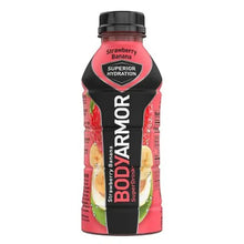 Sports drink bottle, strawberry banana flavor with black cap and BODYARMOR label