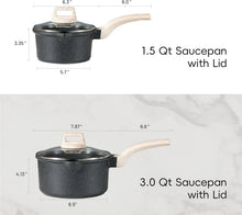 Black speckled nonstick saucepan with lid and light wood handle