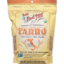 Organic farro grain in stand-up pouch, labeled non-GMO and fiber-rich