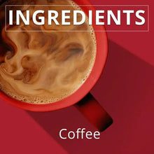 Coffee cup close-up with foam, "INGREDIENTS" header