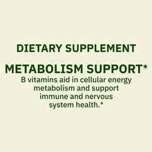 Dietary supplement metabolism support text panel with vitamin energy and immune claims