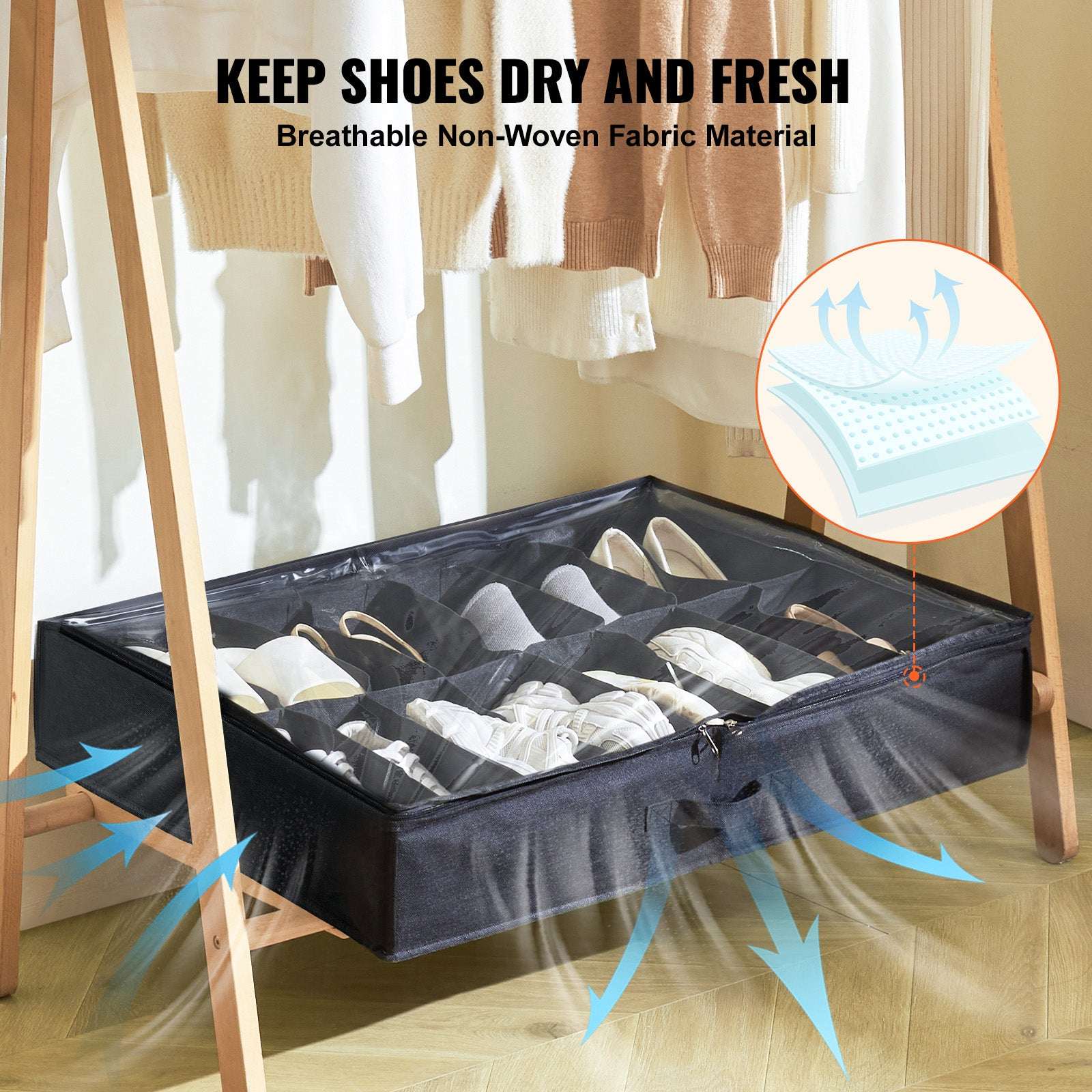 KFFKFF Shoe Storage Units for Under Bed, Pack of 2, Accommodates 32 Pairs, Underbed Footwear Storage System with Transparent Window, Airy, Collapsible Fabric Shoe Holder Box with Sturdy Handles