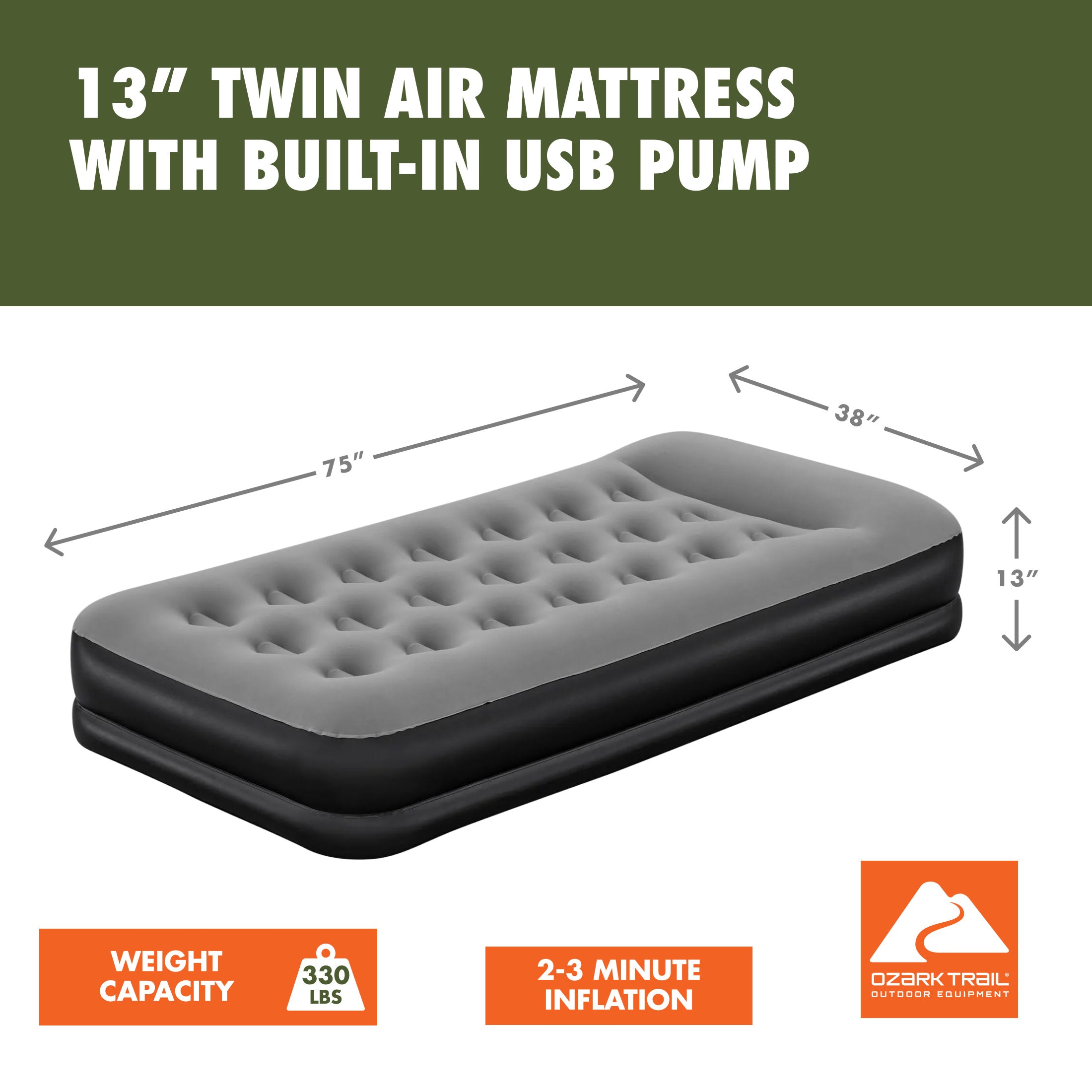 Ozark Trail 13" Twin Indoor & Outdoor Air Mattress with Built-In USB Pump