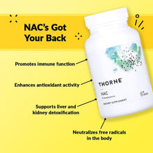 Thorne NAC dietary supplement capsules bottle, blue-green splash graphic and THORNE logo
