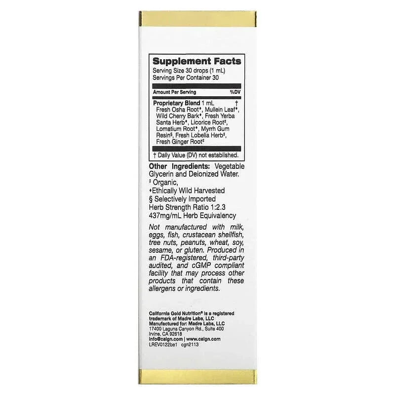 California Gold Nutrition, Bronchial Ease with Proprietary Blend of Fresh Osha Root, Mullein Leaf and Wild Cherry Bark, 1 fl oz (30 ml) - USA MEGA SHOP