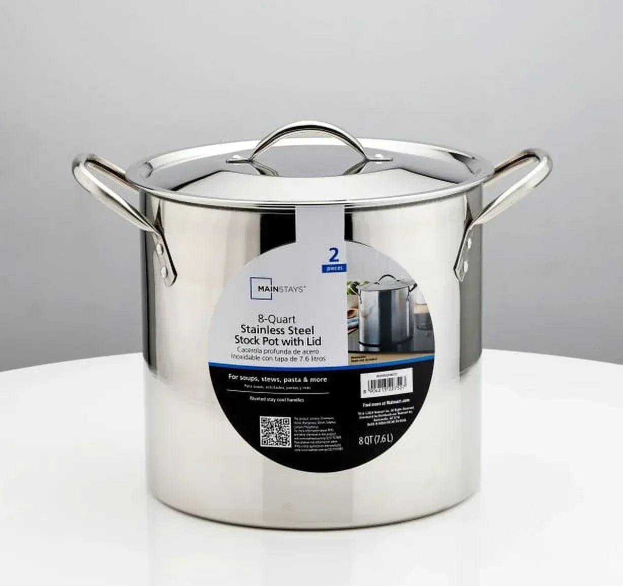 Mainstays 8-Qt Stainless Steel Stock Pot with Metal Lid, Ultra Durable, Stay-Cool Handles, Hand Wash Only