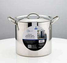 Stainless steel stock pot with metal lid and side loop handles, front view