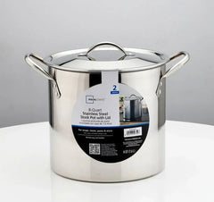 Mainstays 8-Qt Stainless Steel Stock Pot with Metal Lid, Ultra Durable, Stay-Cool Handles, Hand Wash Only