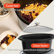 bella slow cooker with stoneware pot and lid, shown cooking inside