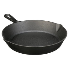 Pre-seasoned cast iron skillet with side handle and curved rim, dark finish