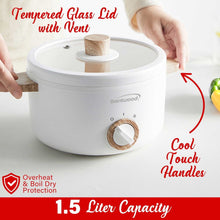 White electric hot pot cooker with tempered glass lid and wood-look control knob
