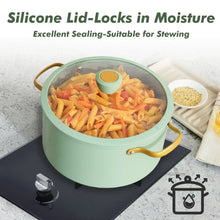 Green nonstick saucepan with lid on stovetop, filled with sliced vegetables