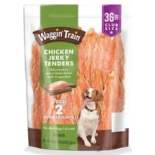 Chicken jerky tenders dog treat bag with Waggin Train branding, 36 oz label