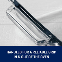 Clear glass baking dish with side handles and smooth rim