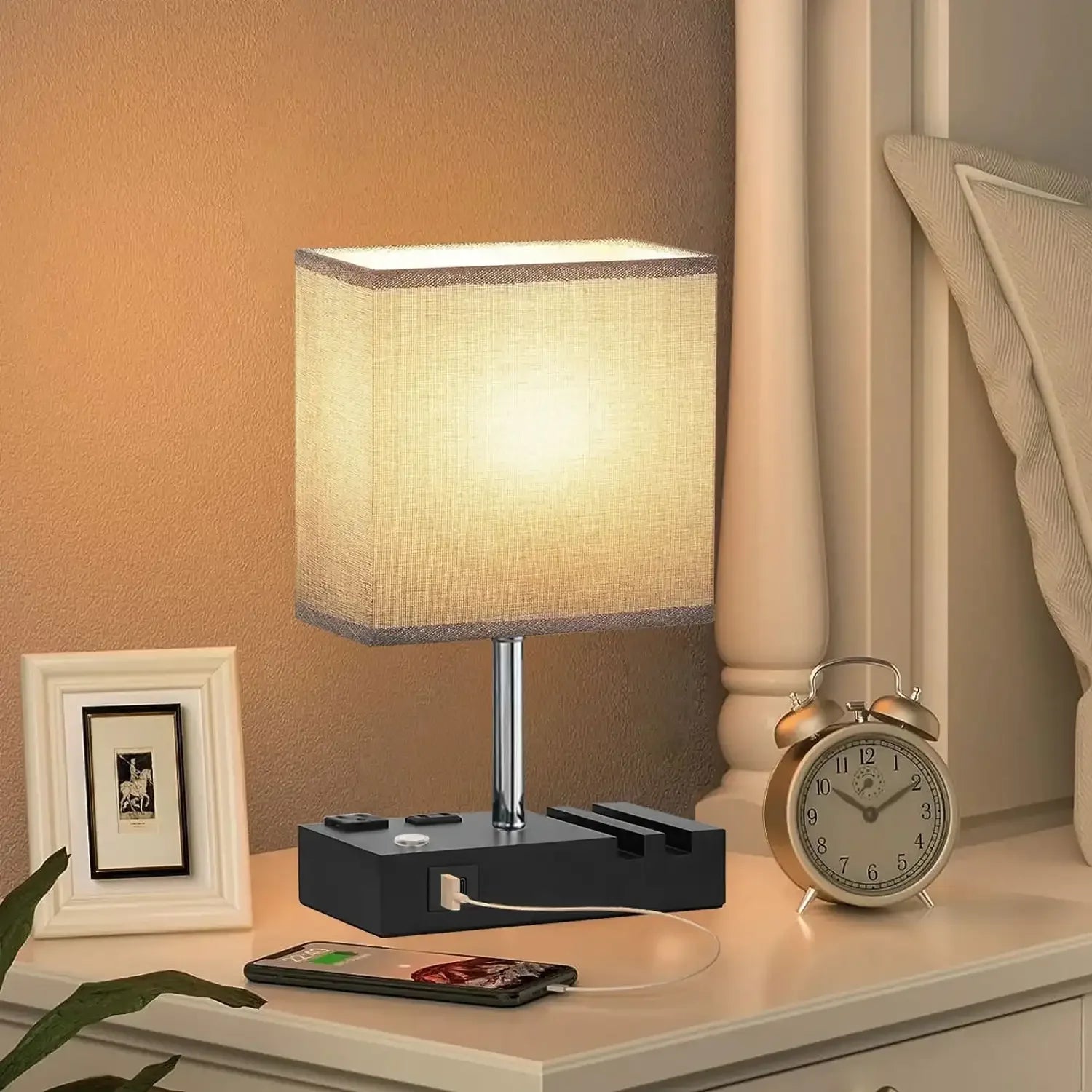 HadinEEon Bedside Table Lamps with 2 Phone Stands, Gray - USA MEGA SHOP