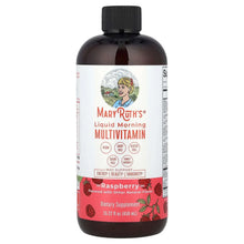 Liquid morning multivitamin bottle with Raspberry label and black cap