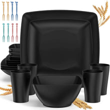 Black wheat straw square dinnerware set with stackable plates, bowls, and cups