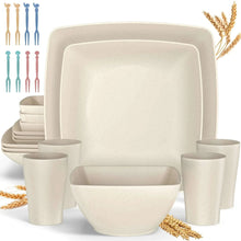 Beige wheat straw square dinnerware set with plates, bowls, and cups for 4