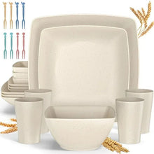 Beige square wheat straw dinnerware set with dinner plate, bowl, and cups