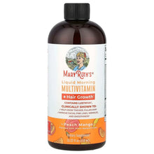 Liquid multivitamin bottle, brown with black cap; peach mango front label.